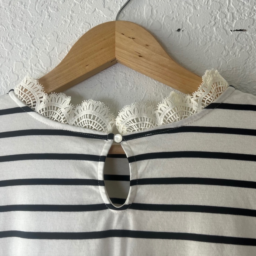 Talbots Striped Lace Trim Mock Neck Top Black White Cotton Long Sleeve Large L - Picture 3 of 8